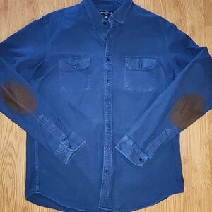 J Crew Mercantile Flex flannel shirt sz XLT chamois Mens blue suede elbow patch